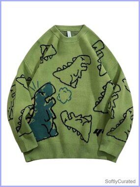 Dinosaur Graphic Sweater Womens Oversized Y2K Cable Knit Pullover Casual Kawaii